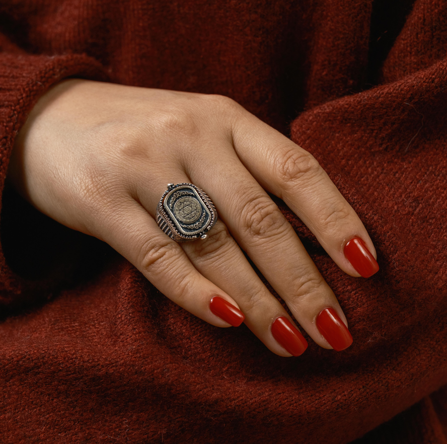 ☪ SÜLEYMAN A.S MÜHRÜ – DOĞALTAŞLI DÖNEBİLEN 925 AYAR GÜMÜŞ YÜZÜK ☪