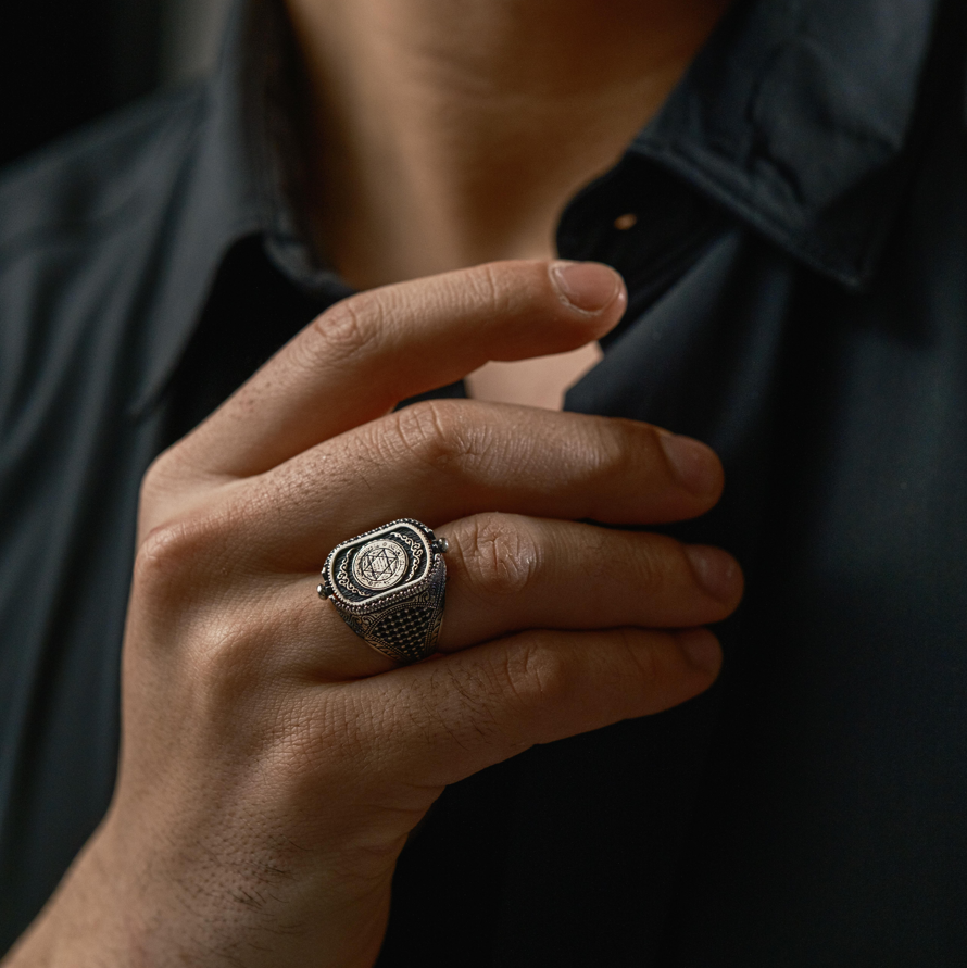 ☪ SÜLEYMAN A.S MÜHRÜ – DOĞALTAŞLI DÖNEBİLEN 925 AYAR GÜMÜŞ YÜZÜK ☪